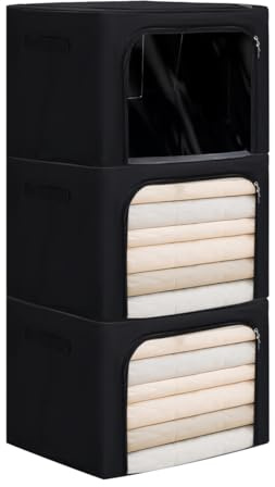 T-LOVENDO.ES Set de Tres Cajas de Almacenamiento, Ventana Transparente, Cierre Cremallera, 3X Cesta 2 Asas, Cajón Mantas Ropa, Estructura Metal, Base MDF, Cofre Tela, Organizador, Dormitorio Salón