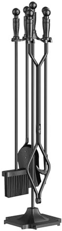 DYUNCZ 5 Pièces Accessoires Cheminée, Serviteur Cheminée, Ensemble D'outils de Cheminée en Fer Forgé avec Support, Accessoire Poele a Bois – Brosse, Pelle, Pince, Tisonnier et Base
