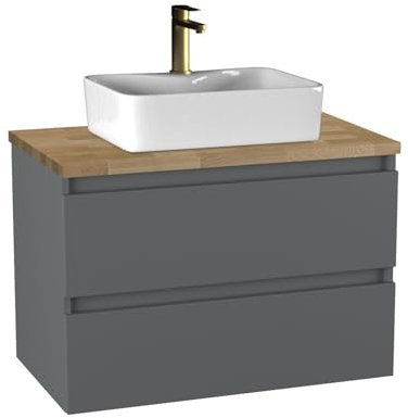 BadeDu Gers Badmöbel Set – 3-teiliges Set mit Aufsatzwaschbecken, Waschbeckenunterschrank & Waschtischplatte – Grau Matt, 80 cm Breit, Soft-Close-System