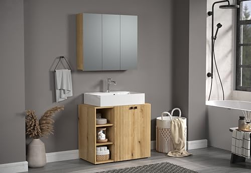 trendteam smart living – PureBliss – badrumsmöbler set – ek med spårutseende – badrumsmöbler med eleganta metallhandtag – (B x H x D) 90 x 186 x 53 cm – tvättställsunderskåp med 3 öppna fack