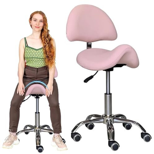 ( Professioneller Sattelhocker in Rosa für das Home Office, 19-25 rollender Sattelsitzhocker, Sattelstuhl mit Rückenlehnenunterstützung für Zahnärzte, Therapeuten, Hundefriseur)