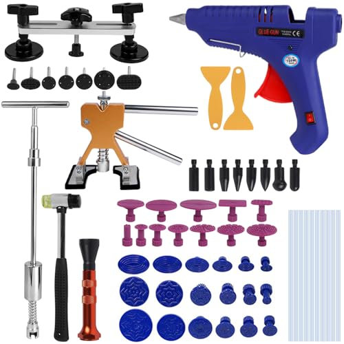 Pamatio Car Dent Puller Kit, 66 pcs Dent Puller, Paintless Dent Removal Kit Tool For Automotive Dent, DIY Car Dent Repair Kit With Gold Dent Puller Lifter, Bridge Puller, T-Bar Puller