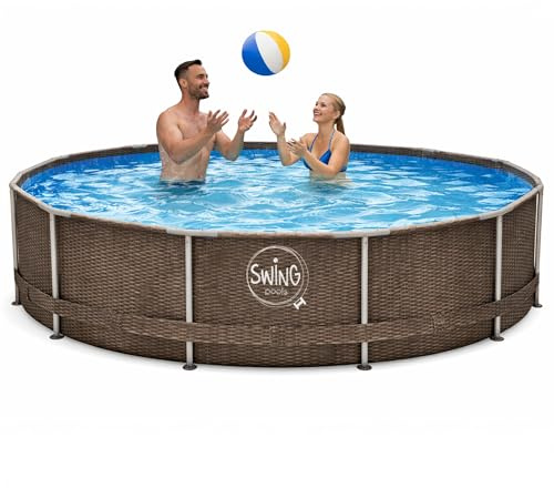 HAF - Swing Frame Pool rund Grau Rattan-Optik (Ø 305 cm, 76 cm tief) - Gartenpool mit 4.500 Liter - Robust, UV-geschützt & korrosionsbeständig - Stabiler Metallrahmen - Schnellaufbau ohne Werkzeug
