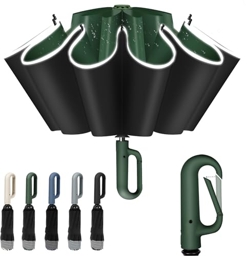 Vicloon Ombrello Pieghevole Antivento da Pioggia, 106 cm Ombrello Inverso Automatico, 10 Stecche Rinforzate, Manico con Fibbia da Alpinismo, Protetto Dagli UV, Perfetto per Uomo Donna (Verde)