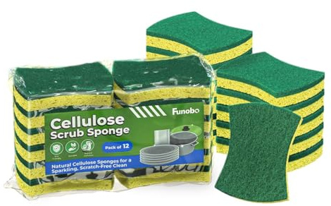 Funobo Non-Scratch Cellulose Scrub Sponge, Dual-Sided Dishwashing Sponge for Kitchen, 12 Pack , Heavy-Duty Cleaning & Stainless Steel – Eco-Friendly Sponges for Sink, Pots, Pan (Green - Heavy Duty)