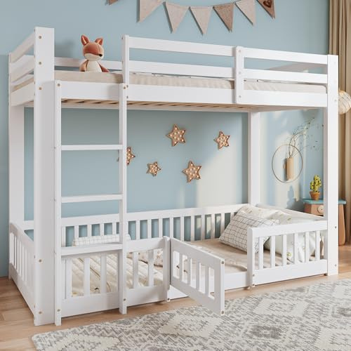 RIAZOS Etagenbett 90x200 cm, Kinderbett für 2 Kinder, Massivholz Einzelbett, Hochbett mit Rausfallschutz, Stockbett mit Zäune und Türchen, Jugendbett, ohne Matratze, Weiß