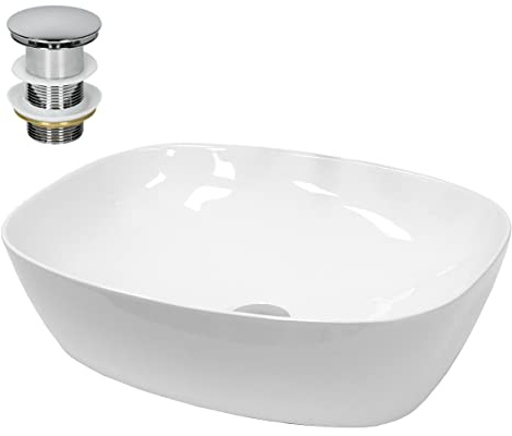 LuxeBath Waschbecken Keramik 505x385x135 mm oval Weiß mit Ablaufgarnitur Silber, Aufsatzwaschbecken für Badezimmer/Gäste-WC, Modernes Aufsatzbecken, Waschtisch Waschschale Waschplatz Handwaschbecken