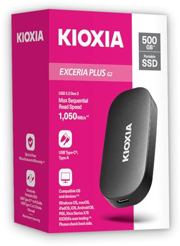 KIOXIA EXCERIA PLUS G2 Portable SSD – 512G External Drive, USB 3.2 Gen 2, up to 1050MB/s Read & 1000MB/s Write – Compatible with Windows, macOS, iOS, Android, PS5, Xbox Series X/S (LXD20K500TG8)