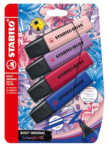 STABILO BOSS ORIGINAL - Evidenziatore - NatureCOLORS Wildflower - Pack da 4 - Cipria/Blu elettrico/Giglio Viola/Borgogna