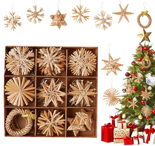 36-teiliges Strohsterne Christbaumschmuck Set, Strohsterne Weihnachtsbaum, Kristbaum Schmuck Baumschmuck Weihnachten Weihnachtsdekoration Tannenbaumschmuck Weihnachtsbaumanhänger klein Ø 6cm & 4cm