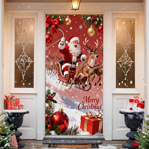 2025 Christmas Front Door Decoration, Christmas Elastic Fabric Door Covers, Christmas Stretch Door Cover, Christmas Fitted Sheet Door Cover (K, 90x200cm)