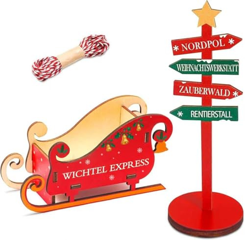 Kazunark Wichtel Zubehör Set, Holzschlitten Wichtel Express mit Schild, inklusive Kordel und Schablone, Deko für Wichteltür, Advent, Weihnachtsdekoration, Geschenk