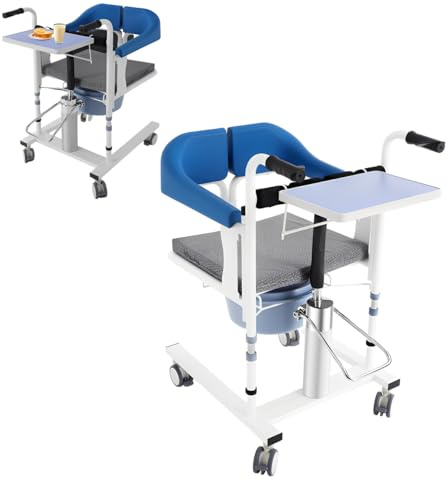 Silla elevadora hidráulica para pacientes, silla de transferencia, altura regulable, capacidad de carga 100 kg, asas antideslizantes, asiento dividido de 180°, silla de ducha (azul)
