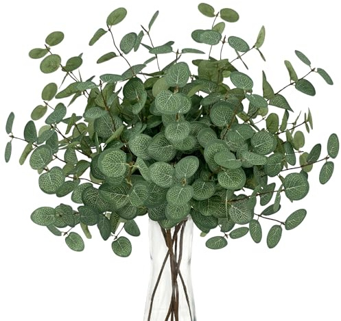 ROLLWAY 6 Stück Künstliche Eukalyptus Deko Zweige, Eucalyptus Grün 60cm | Biegsam, Osterzweige Stoff Dekozweige für Hochzeit Home Vase Tischdeko Party Taufe Kommunion Konfirmation Ostern Deko