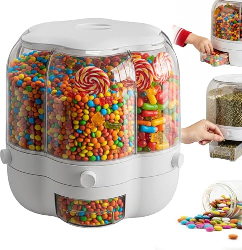 Süßigkeitenspender 360° Drehbar mit 6 Fächern, Drehbarer Lebensmittelspender mit Deckel, Transparent Trockenfutter Müsli Aufbewahrungsbehälter für Zuhause Küche Organizer