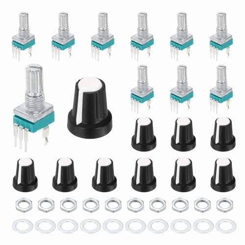 QUARKZMAN 10Stk RK097N B10K Potentiometer 3Pin Einfach Linear Drehend Dicht | Verstärker Logarithmische Potentiometer, 15mm, Geriffelte Welle, Mit Weißer AG2 Kunststoff Drehknopf, Vertikal