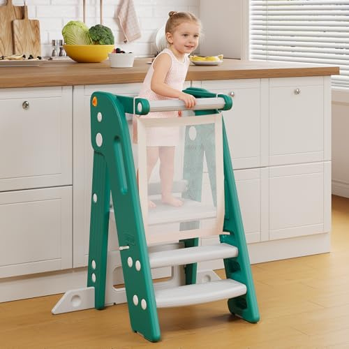 Onasti Lernturm für Kinder, Klappbar, Höhenverstellbar, Lernturm ab 1 Jahr mit Kippschutz & Anti-Rutsch-Trittfläche, Learning Tower, für Küche | Badezimmer | Waschbecken (Grün)