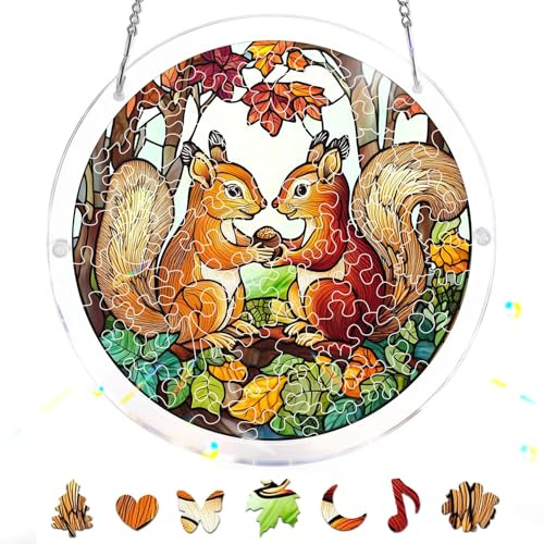 Zariocy Squirrel Acrylic Jigsaw Puzzle Suncatcher - Stained Glass Window Hanging - Creative Home Decor - 83 Piece Puzzle & Pendant Combo - Ideal for Mom, Wife, Aunt Gift 18x18 cm-63