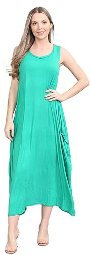 janisramone® Womens Parachute Italian Lagenlook Midi Dress, Sleeveless Round Neck Stretchy Tulip Dress, Plain Long Summer Dresses for Women UK, Casual & Holiday Ladies Midi Dresses