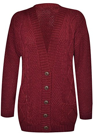 Purple Hanger New Womens Everyday Long Sleeve Button Top Ladies Chunky Aran Cable Knit Grandad Cardigan (8-10, Wine)