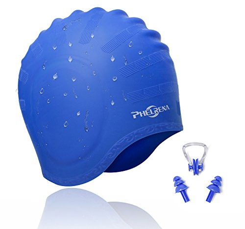 PHELRENA Swimming Cap Waterproof Premium Silicone Solid Long Hair Earmuffs Swim Cap Flexible Reversible for Adults Kids Women Men, Keeps Hair Clean Ear Dry, Free with Nose Clip and Ear Plugs