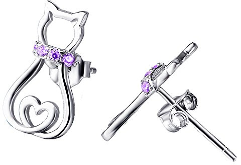 Orecchini Gatto in Argento Sterling 925 Zirconia Viola Gatto con Cuore Orecchini Gioielli per Donna (Viola)