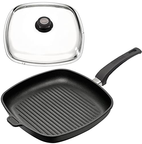 Eurolux große Eck-Grillpfanne 28x28 cm Set mit Deckel - 4.5 cm flache quadratische Guss-Pfanne mit Antihaft-Beschichtung - ohne Induktion - Made in Germany