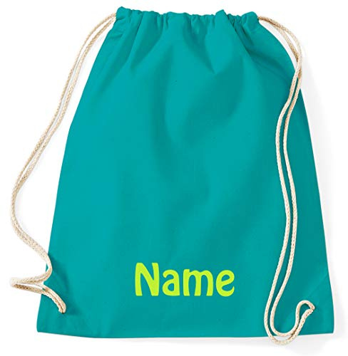 Turnbeutel mit Namen Bestickt aus 100% Baumwolle, Sportbeutel, Schwimmbeutel, Gym Sack, Gym Bag, (Aqua)