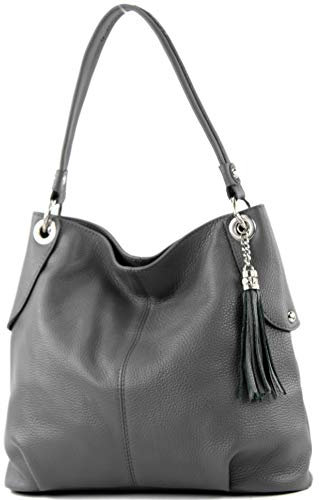 modamoda de T185 Damen Leder Schultertasche Handtasche handmade in Italy, Farbe:Graphitgrau