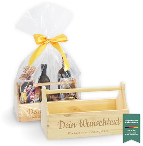 LAUBLUST Geschenkkorb aus Holz leer Personalisiert - Präsentkorb mit Wunsch-Gravur zum Befüllen als Geschenk Korb für Weihnachten Silvester - 34x18x20 cm | Werkzeugkiste Natur, FSC® | Männerhandtasche