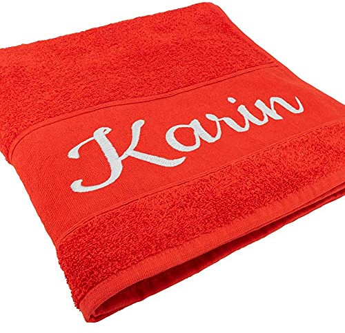 Deitert Handtuch mit Namen oder Wunschtext Bestickt, personalisiertes Duschtuch, individuelles Badetuch, 100% Baumwolle, 100 x 50 cm rot