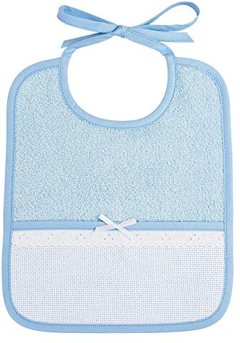 Filet - Rechteckiges Lätzchen mit Aida-Tasche zum Besticken, aus Baumwollfrottee in der Farbe Rosa, mit Sangallo-Spitze, Ideal für Neugeborene, 100% Made in Italy, Farbe Hellblau