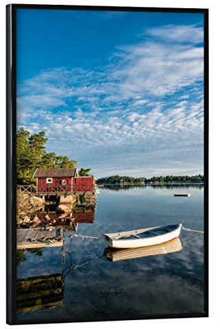 artboxONE Poster mit schwarzem Rahmen 30x20 cm Natur Boot und Holzhütte - Bild schären holzhaus Insel