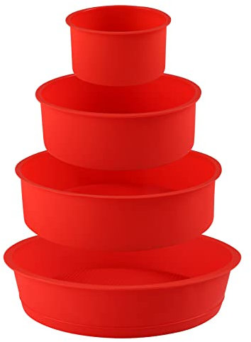 Bäcker & Lecker 4 Stück Silikon Backform Kuchenform Rund Set 10 cm 15cm 20cm 25cm Antihaft Rot für Brot Käse Torte