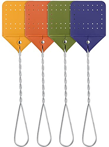 4 piezas de cuero matamoscas de mano larga mango manual Swat metal mango mosca colorido rústico matamoscas para cocina hogar interior exterior 4 colores (naranja, verde, amarillo, morado)