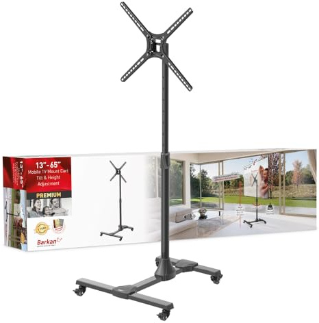 Barkan Rollen TV Wagen 13-83 Zoll Neigbare & Höhenverstellbar TV Ständer, hält bis 50Kg, Feststellbare Räder, 5 Jahre Garantie, Trolley, für LED OLED LCD, Max. VESA 400x400, Fernseher Halterung