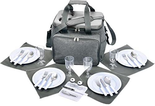 Picknicktasche 29 TLG 4 Personen Tasche Picknick Korb Kühlfach, Campingtasche