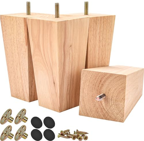 Btowin 6 inch /15cm Solid Wood Furniture Legs, 4Pcs Mid-Century Modern Wooden Pyramid Replacement Feet with Threaded M8 Hanger Bolts & Mounting Plate & Screws for Sofa Couch Chair