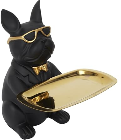 HOME DECO FACTORY Ecksofa mit Schlaffunktion Cord-Optik Grau | Ablageschale in Form einer Bulldogge aus Polyresin, 21cm, schickes und zur Aufbewahrung von Schlüsseln und Schmuck