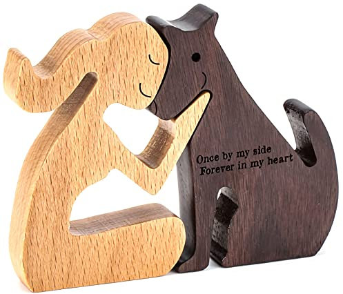 Familie Welpen Holzschnitzerei Ornamente Haustierliebhaber Dekoration Holzstatue Geschenke Frauen und Hund Kleine Heimdekoration Skulptur für Wohnzimmer, Schlafzimmer, Büro