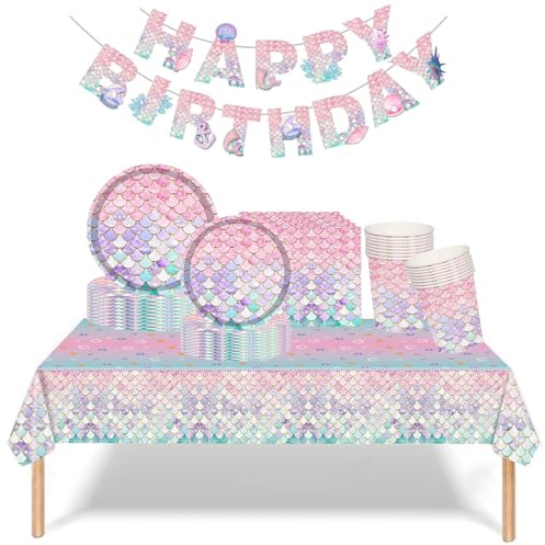 Mermaid Party Tableware Set,70pcs Mermaid Themed Party Plates Napkins Cups Tablecloth and Mermaid Birthday Banner Set for Girls Birthday Party Decoration Table Decoration Party Supplie