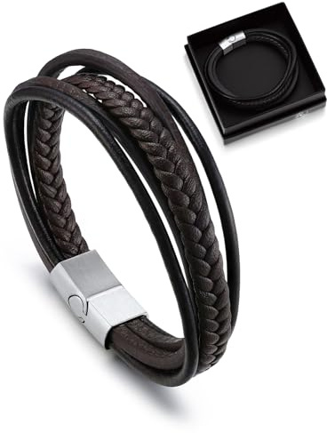 Bandmax Lederarmband Herren Manschette Armband Wickelarmband Armband mit Kette Flechtarmband Männerarmband mit Magnetverschluss Schicker Armschmuck Länge 19CM/21CM/23CM