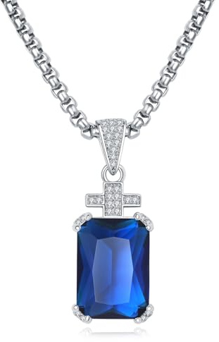 YAMI Collar para hombre, colgante de cruz con cadena de acero inoxidable de 24 pulgadas, circonita cúbica de 17,5 quilates, piedra natal de corte esmeralda, azul zafiro, regalo de joyería para novio