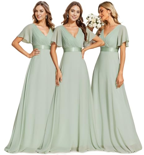 Ever-Pretty Women's Double V-Neck Short Flutter Sleeves Empire Waist Elegant Chiffon Long Evening Dresses 9890