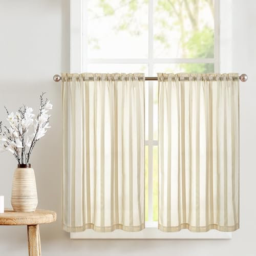 TOPICK Sheer Scheibengardinen Beige H 115 x B 90 (cm) 2er Set mit Tunnelzug Transparent Bistrogadine Landhaus Streifen Voile Küchenvorhang Gestreift Küchengardinen Paarig für Badezimmer Klein Fenster
