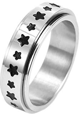 KnBoB Fidget Spinner Ring, 6MM Edelstahl Ring für Damen Herren Silber Stern Angst Ring Größe 60 (19.1)