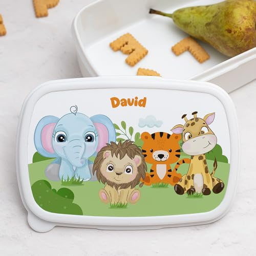 Transparent Gift Fiambrera Infantil Personalizada con Nombre Animales Selva. Fiambreras para Niños y Niñas. Porta Bocadillos para Colegio, Guardería. Caja de Almuerzo, Merienda con Tapa Vuelta al Cole