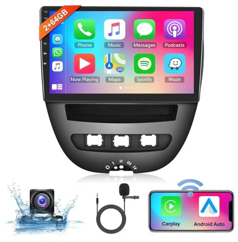 2+64G 10 Wireless Carplay Android Auto Android Autoradio Für Toyota Aygo/Peugeot 107/Citroen C1 2004-2014 mit Touchscreen mit Bluetooth HiFi/RDS/FM Radio + Navi/AHD Rückfahrkamera/CANBUS