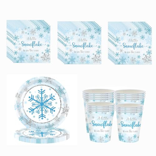 Blue Snowflake Tableware Set - 20 Napkins, 16 Cups, 16 Plates - Disposable Paper Dinnerware for Christmas Party Decor