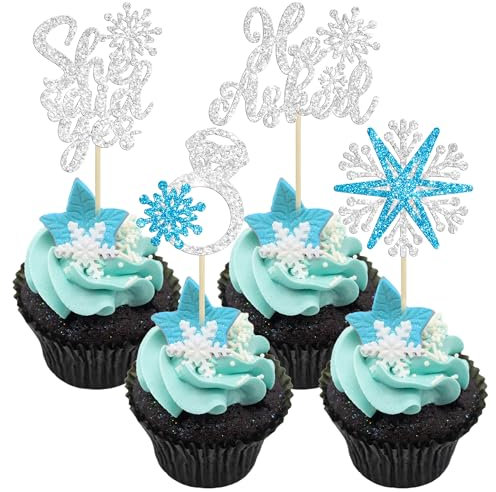 24 Stück Schneeflocke She Said Yes Schneeflocke Cupcake Topper Winter Wonderland Ring Cupcake Picks Winter Hochzeit Jahrestag Dekorationen Brautdusche Verlobung Dekorationen Partyzubehör